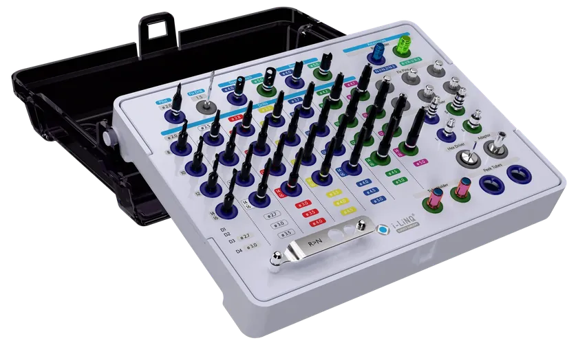 i-LiNQ guide kit, open case with colour-coded stations